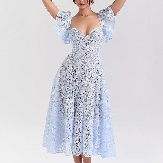 Lucienne Flutter-Sleeve Lace Midi Dress