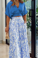 Azure Bloom Cropped Blouse and Wide-Leg Trouser Set