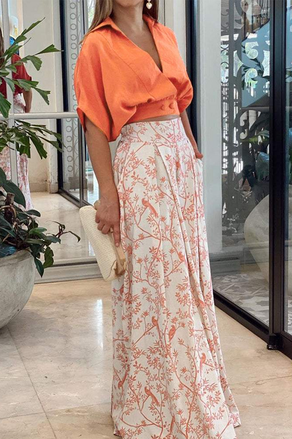 Azure Bloom Cropped Blouse and Wide-Leg Trouser Set