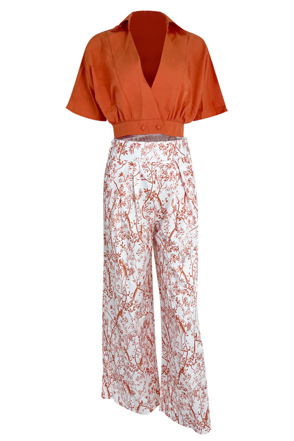 Azure Bloom Cropped Blouse and Wide-Leg Trouser Set