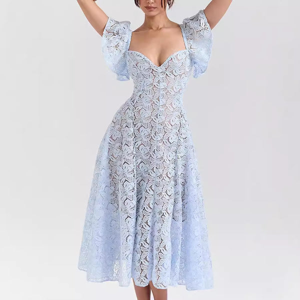 Lucienne Flutter-Sleeve Lace Midi Dress