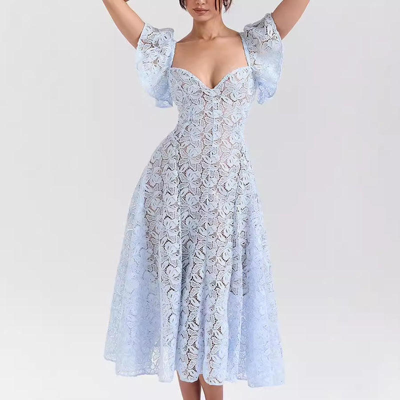 Lucienne Flutter-Sleeve Lace Midi Dress