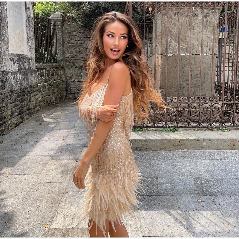 Celina Embellished Feather Mini Dress