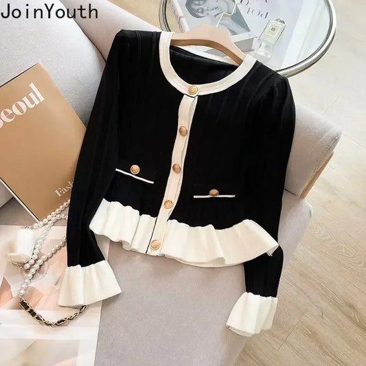 Sweet Cardigan Women Clothing O-neck Flare Sleeve Tunic Sueter Mujer Ruffles Vintage Knitted Sweater Coat Korean Pull Femme